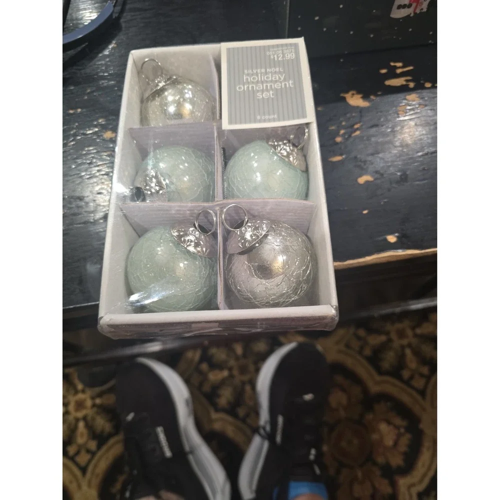 2008 Target Silver Noel Holiday Ornament Set Crackle Glass